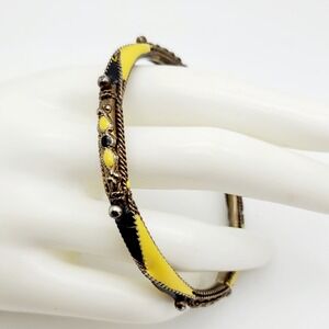 Vintage‎ Bangle Bracelet Black Yellow Enamel Harlequin Diamond Pattern Geometric
